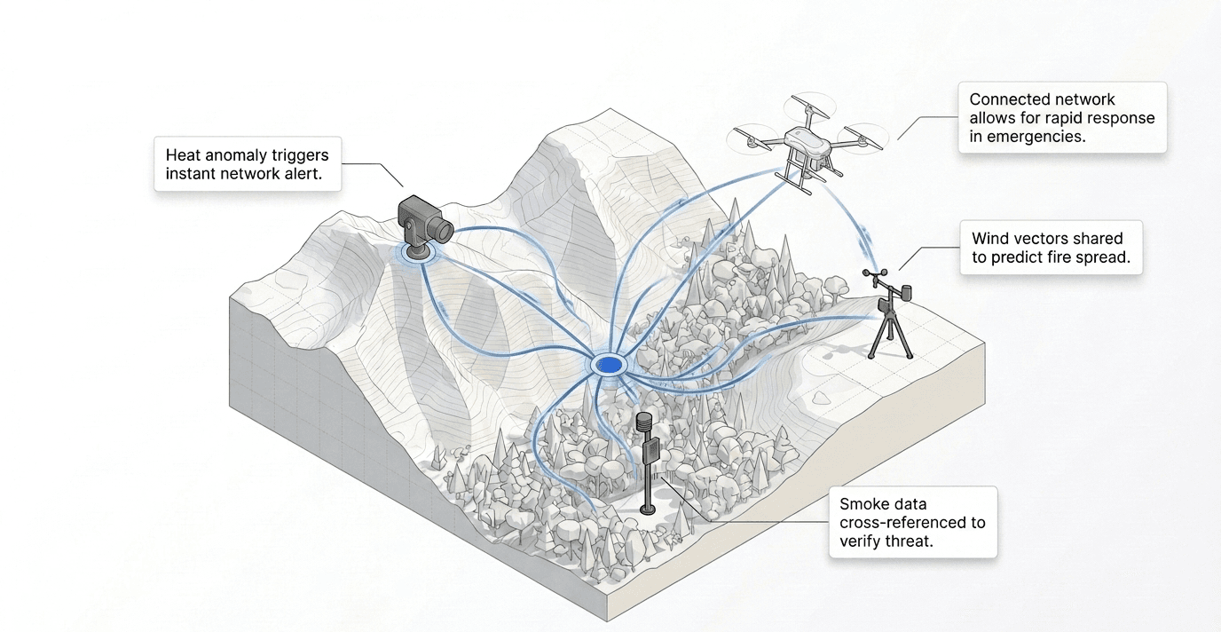 The unified wilderness: the same camera, weather station and smoke sensor now feed one OxTerra network - a heat anomaly triggers an instant alert, smoke data is cross-checked, wind is read to predict fire spread, and a drone is dispatched for a closer look.